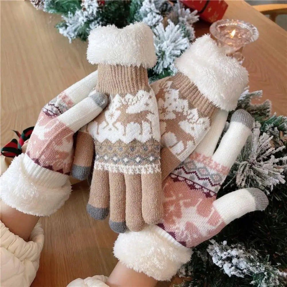 2024 New Elks Jacquard Gloves Touch Screen Knitted Gloves Winter Thick Keep Warm Gloves Christmas Mittens Full Finger Gloves
