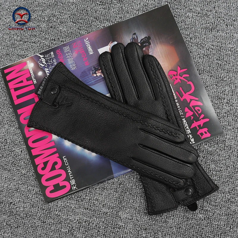 New Women's Gloves Genuine Leather Winter Warm Fluff Woman Soft Female Rabbit Fur Lining Riveted Clasp High-quality Mittens