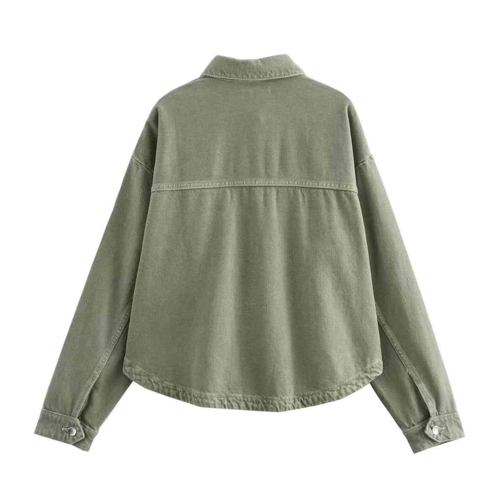 UNIZERA2024 Summer New Women's Loose Casual Polo Collar Long Sleeve Patch Bag Decoration denim jacket jacket