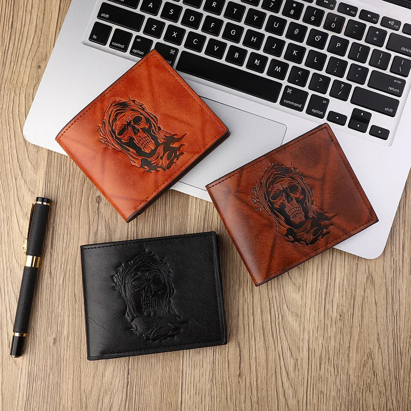 Manufacturer's new retro small wallet with embossed skull head short men's wallet portable fashionable cheap cash handbag