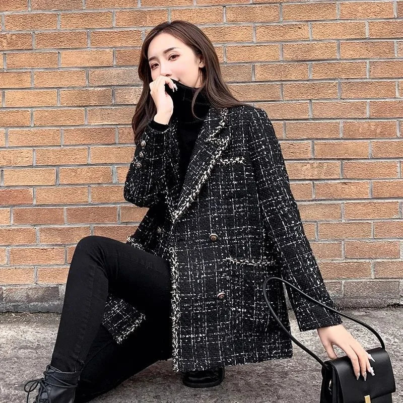 Plaid Tweed Blazer Jacket Woman Outerwear Winter Women's Coat 2024 Clothing Vintage Luxury Designer Clothes Fashion Coats Heavy