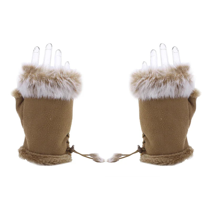 Artificial Rabbit Hair Wrist Gloves Women Suede Leather Warm Thick Gloves Female Fingerless Computer Typing Mittens Winter