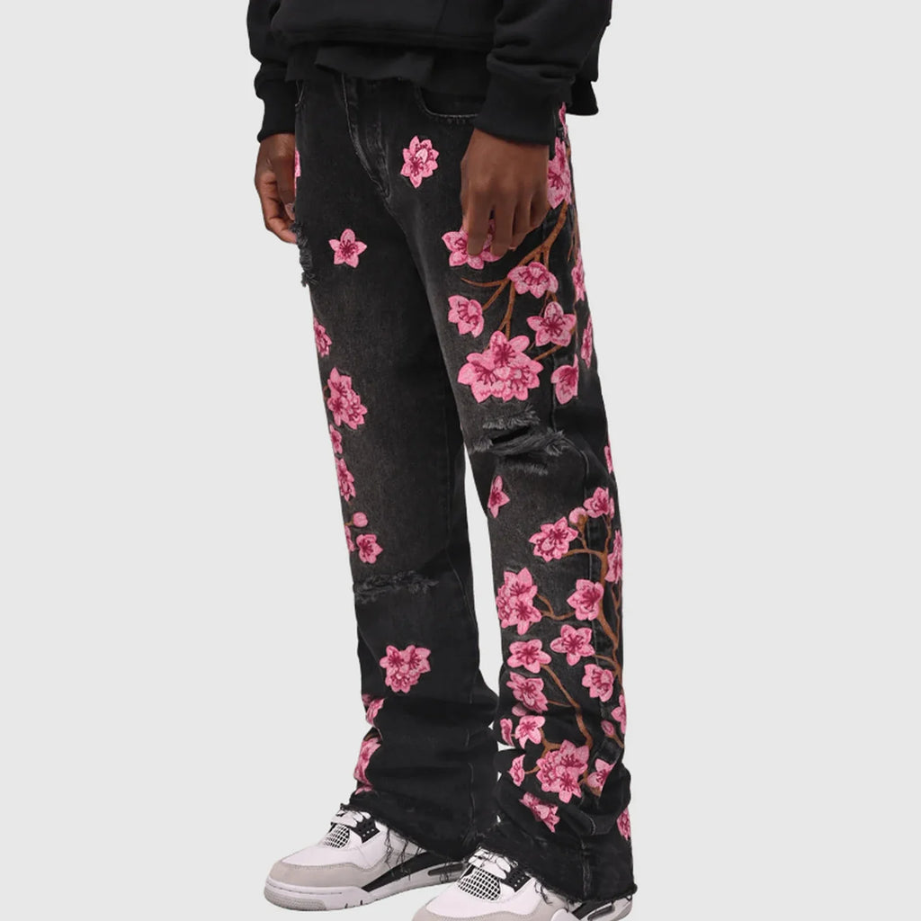 Men Fashion Denim Pants Jeans Floral Embroidery Ripped Jeans with Pockets Casual Trousers Vintage Streetwear