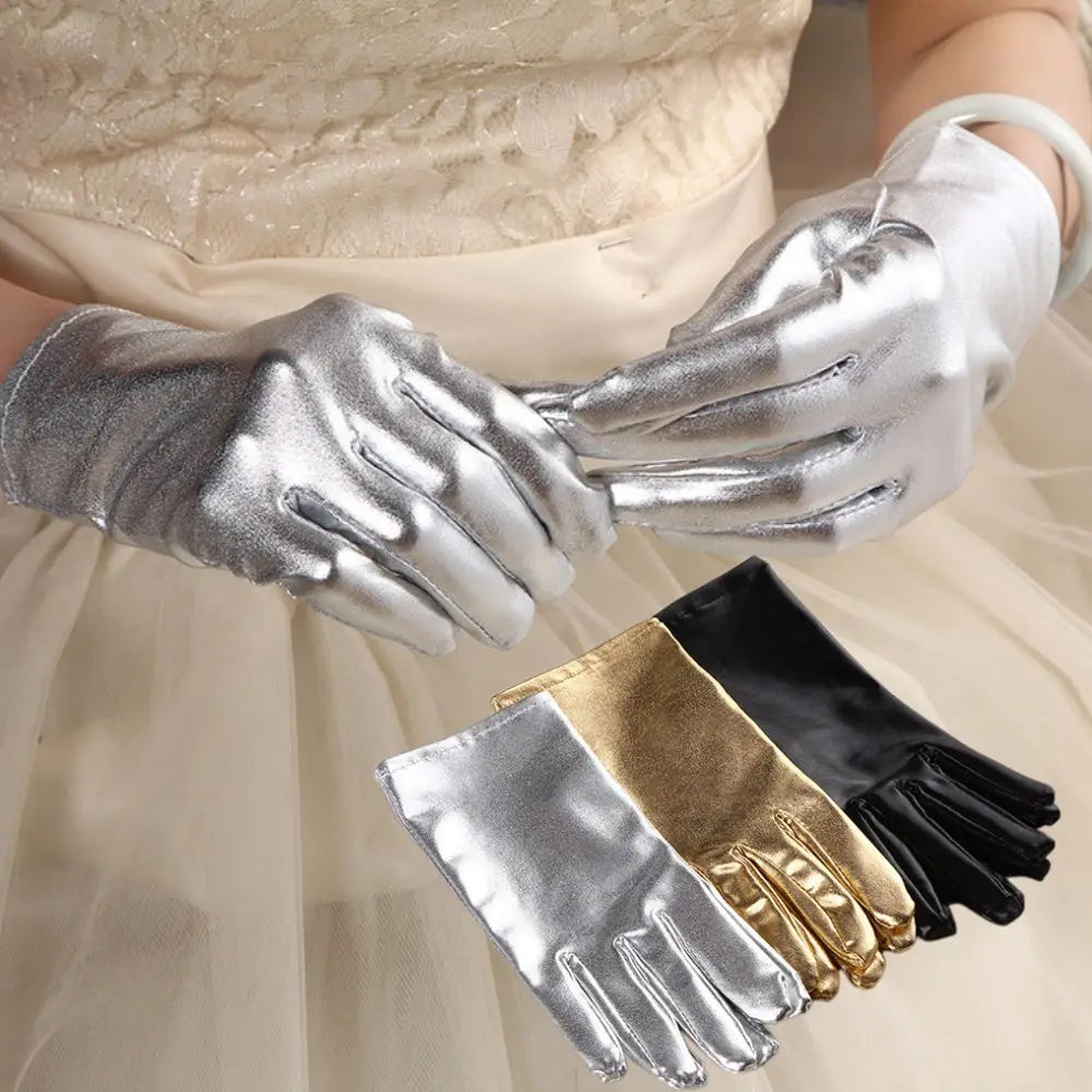 Unisex Gloves Sexy Etiquette Gloves Fake Leather Metallic Gloves Evening Party Performance Mittens Patent Leather Silver Gold