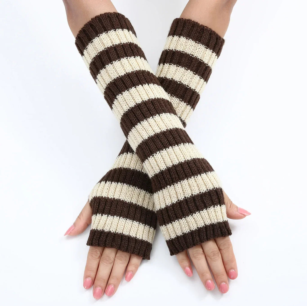 30cm Women's Fashionable Striped Fingerless Mittens Girls Long Knit Gloves for Warmth Winter Glove