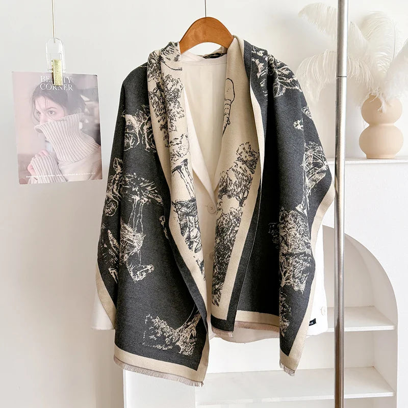 New Winter Thick Wraps Warm Elephant and Horse Pattern Scarf Female Cashmere Shawl Bufanda Women's Thickening Tassels Blanket