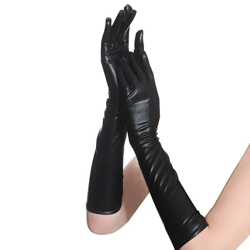 Unisex Gloves Sexy Etiquette Gloves Fake Leather Metallic Gloves Evening Party Performance Mittens Patent Leather Silver Gold