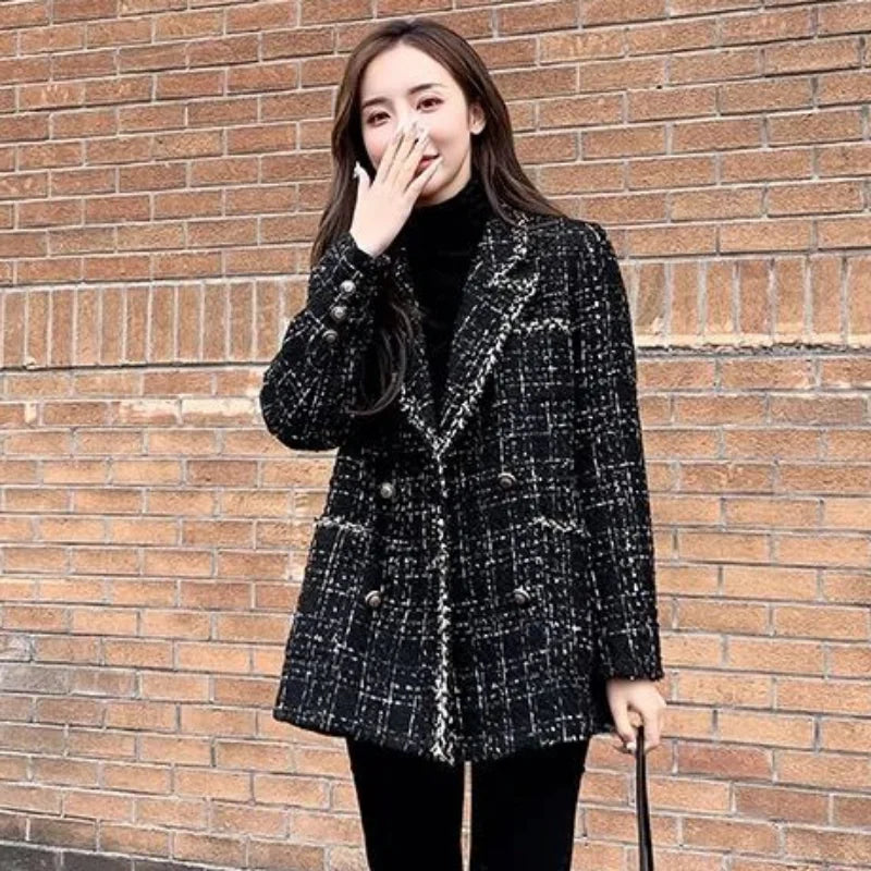 Plaid Tweed Blazer Jacket Woman Outerwear Winter Women's Coat 2024 Clothing Vintage Luxury Designer Clothes Fashion Coats Heavy