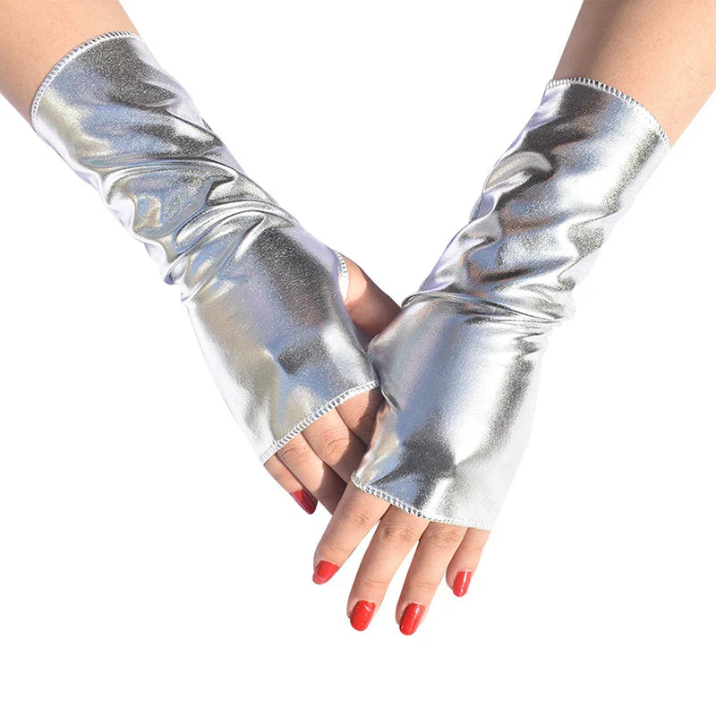 Unisex Gloves Sexy Etiquette Gloves Fake Leather Metallic Gloves Evening Party Performance Mittens Patent Leather Silver Gold