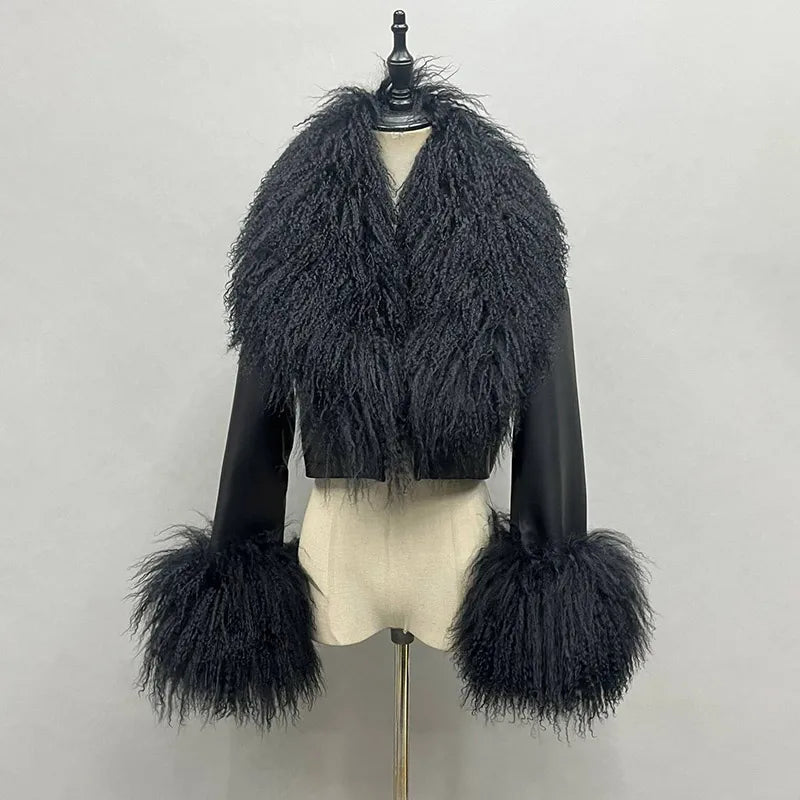 2025A Women's Genuine Leather Jacket Ladies Sheepskin Leather Jacket With Real Lamb Fur Collar Cuff FG40732