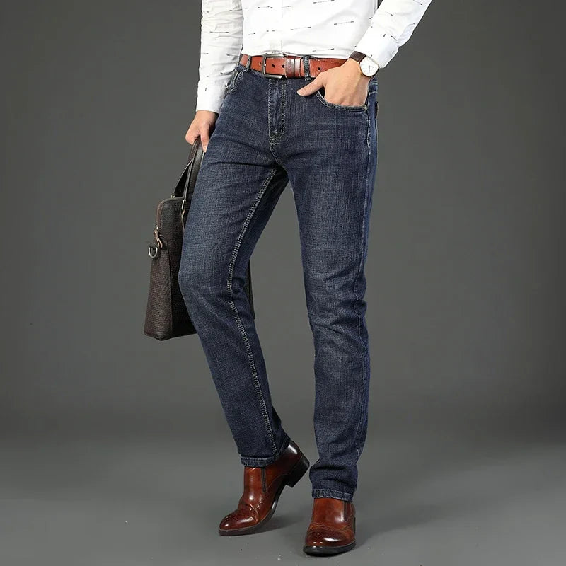 2024  Straight Regular Blue Stretch Denim Trousers Spring Autumn Men Classic Jeans Business Fashion Men's Smart Jeans
