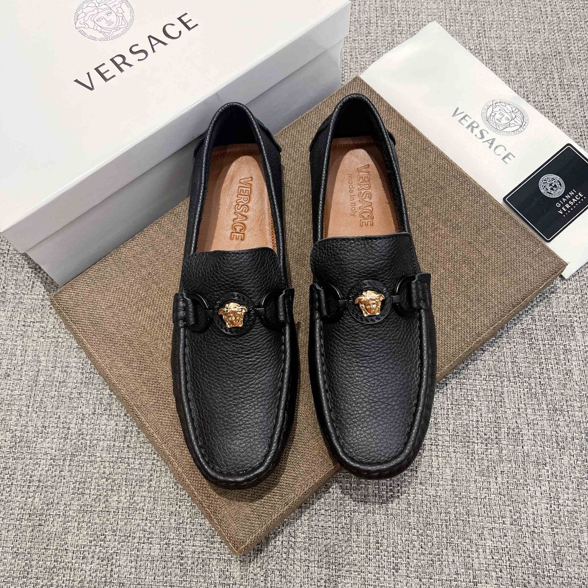 Versace Black Gold-Emblem Slip-On Loafers — front