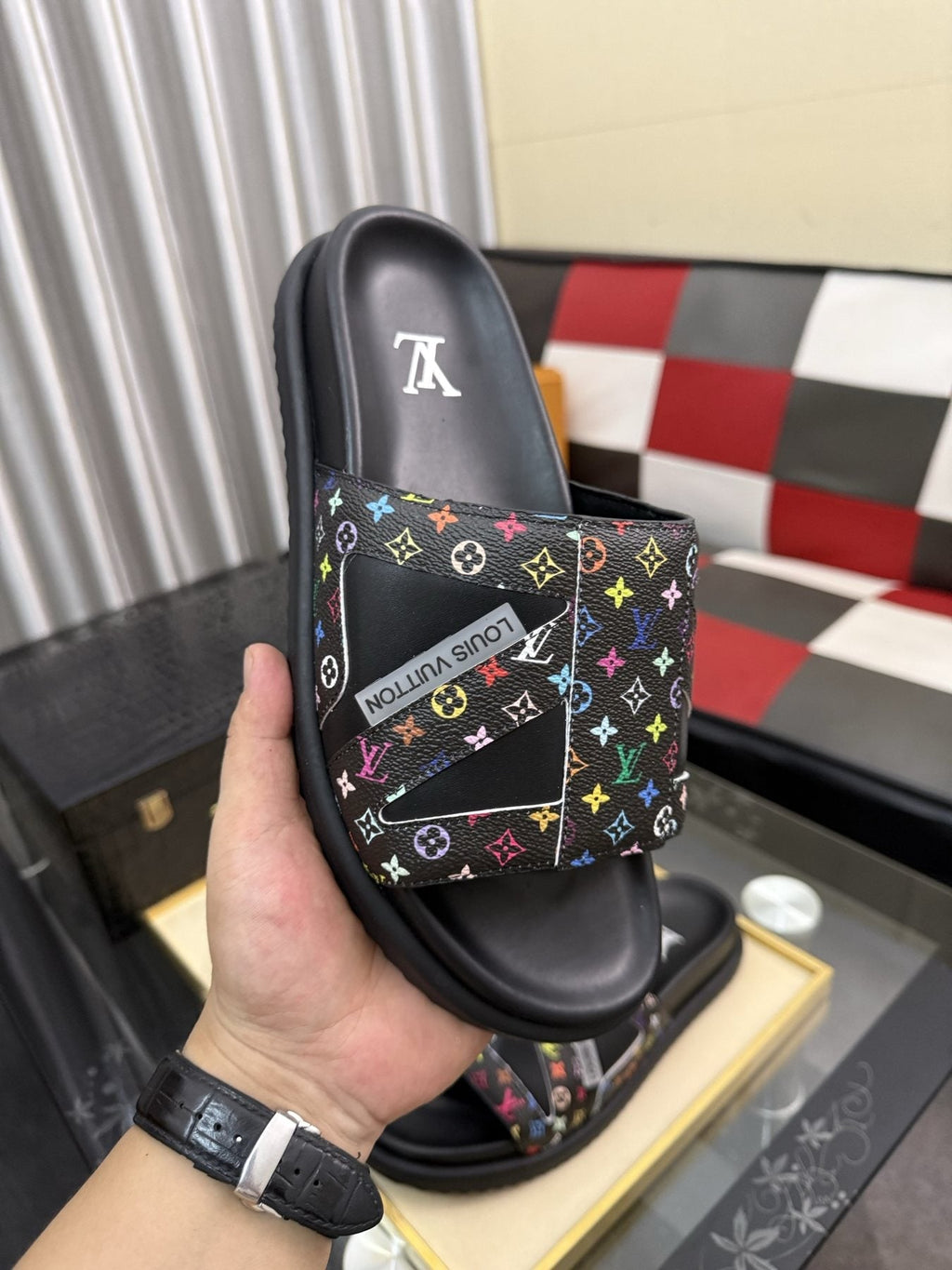 Louis Vuitton Multicolor Strap Slide Sandals — model