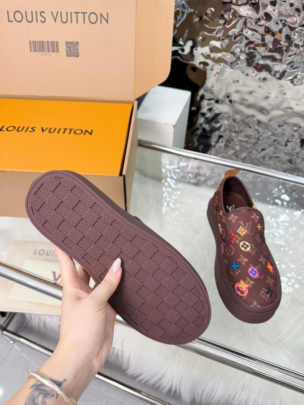 Louis Vuitton Dark Brown Multicolor Motif Slip-On Shoes — detail