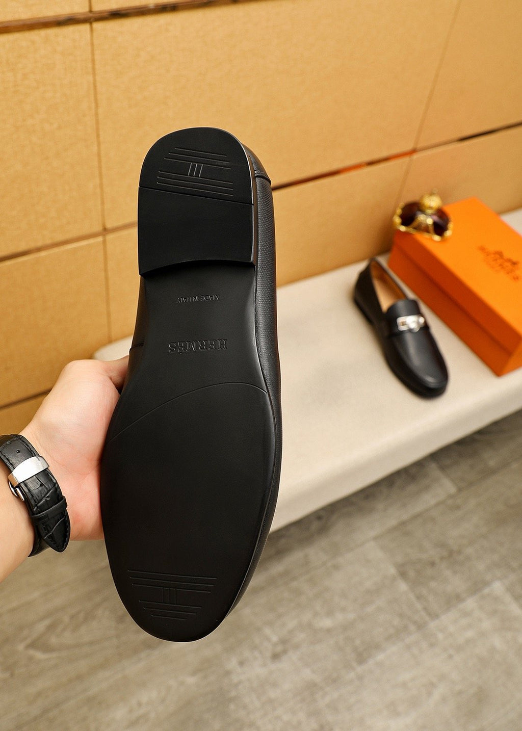 Hermes Black Leather Hardware Loafers — back