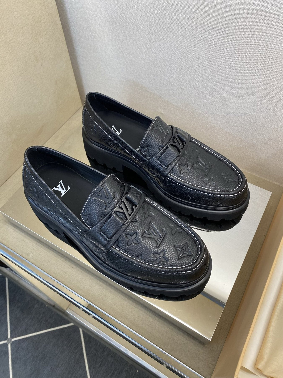 Louis Vuitton Black Monogram Lug Sole Loafers — front