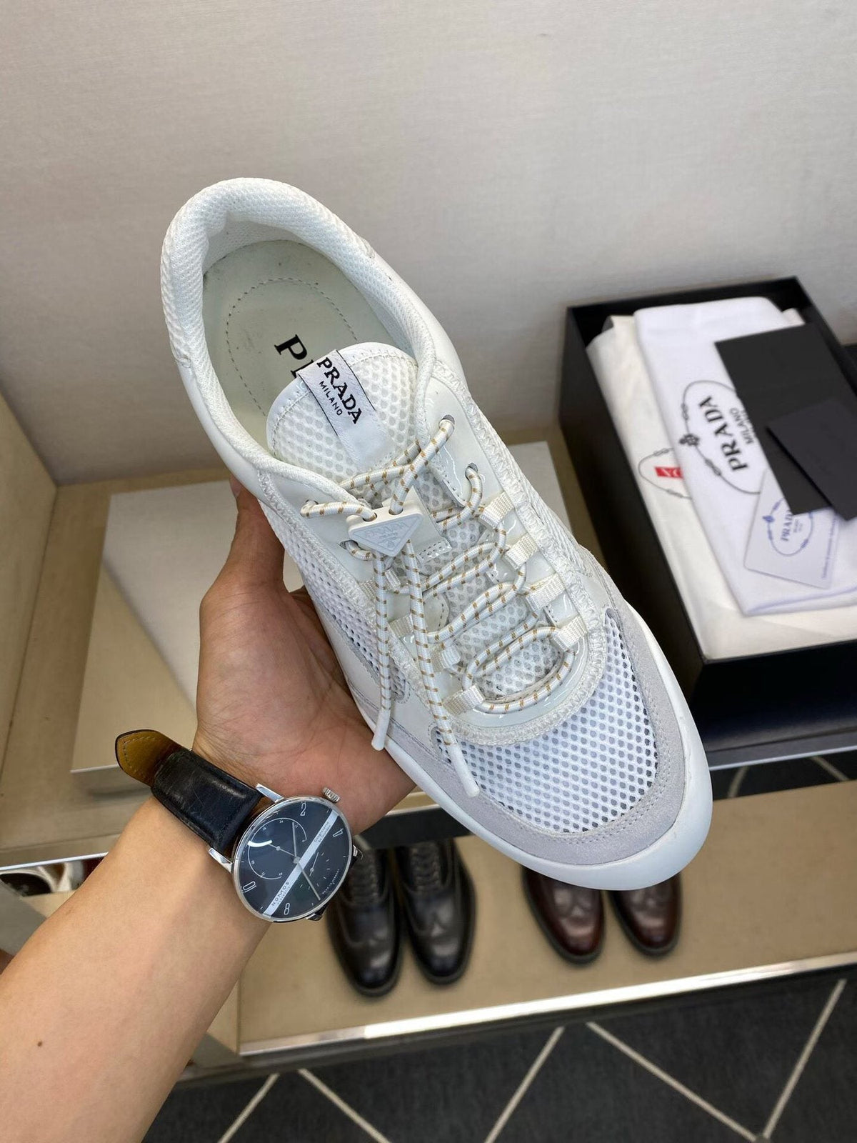 Prada White and Light Gray Mesh Sneakers — front