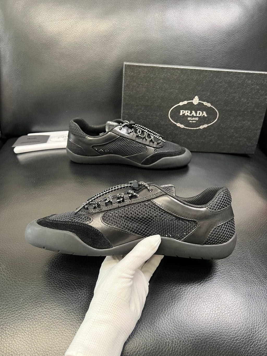 Prada Black and Charcoal Low-Top Sneakers — side