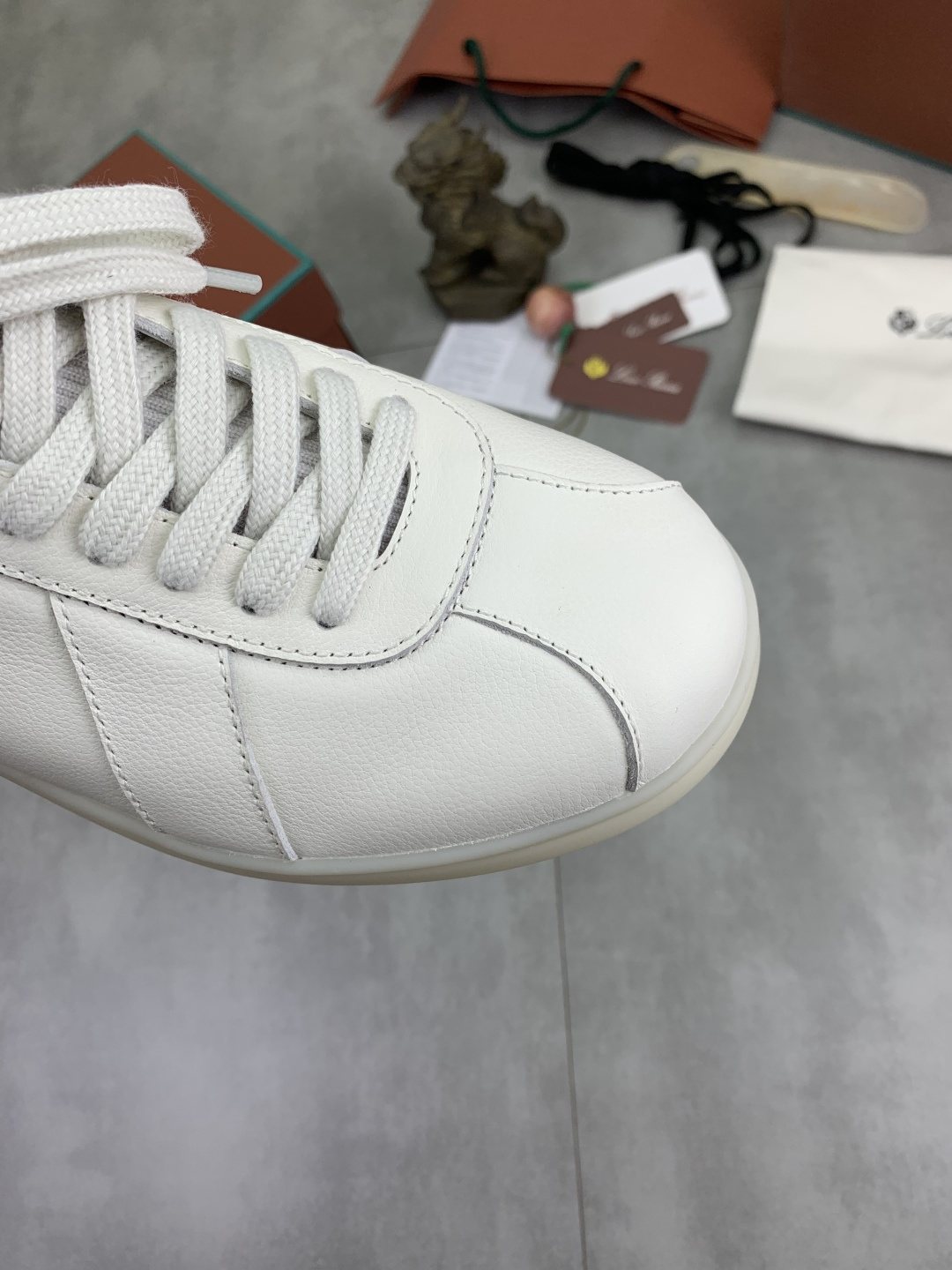 Loro Piana White Knit Leather Sneakers — detail