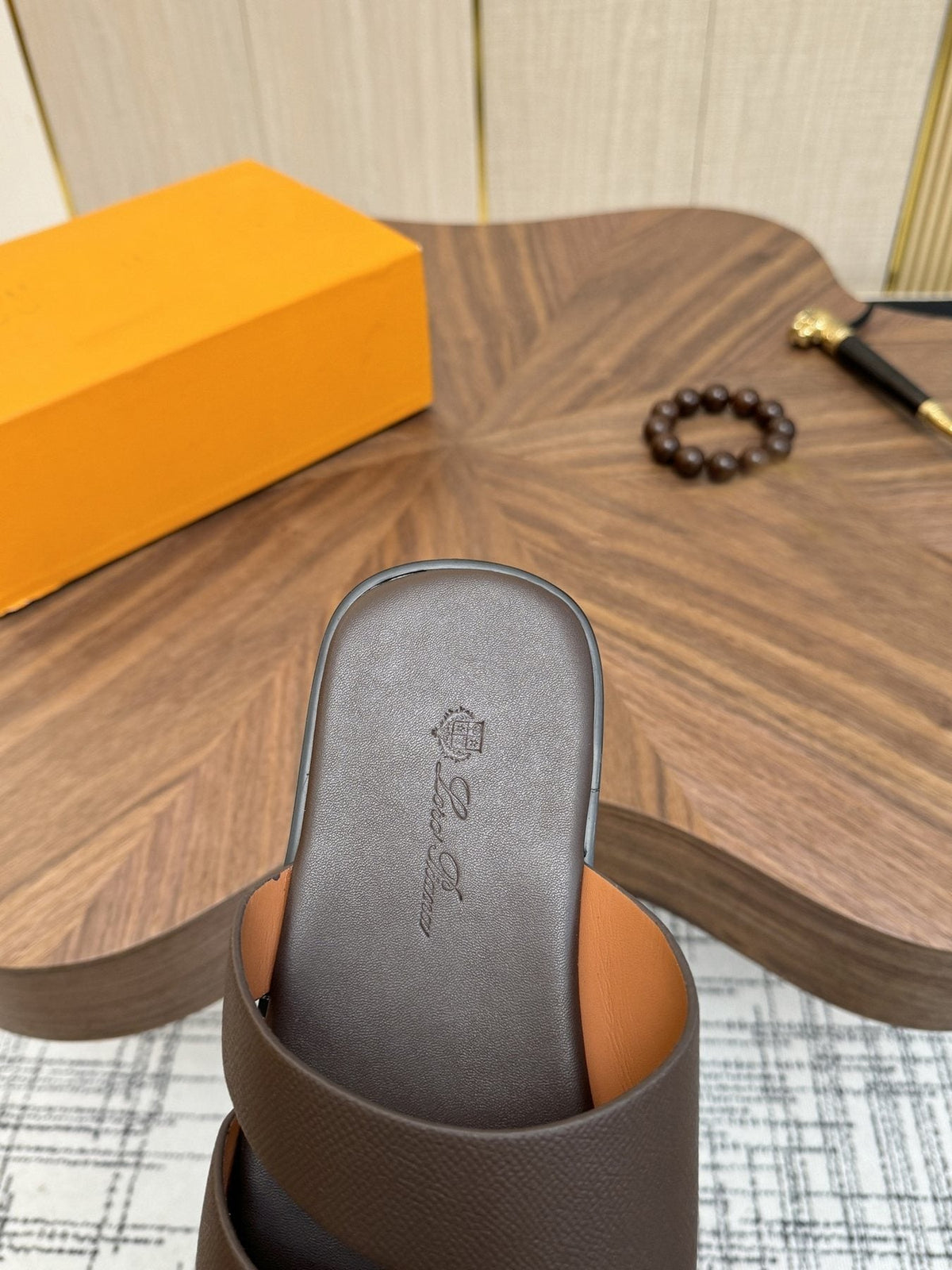 Loro Piana Dark Brown Leather Slide Sandals — detail
