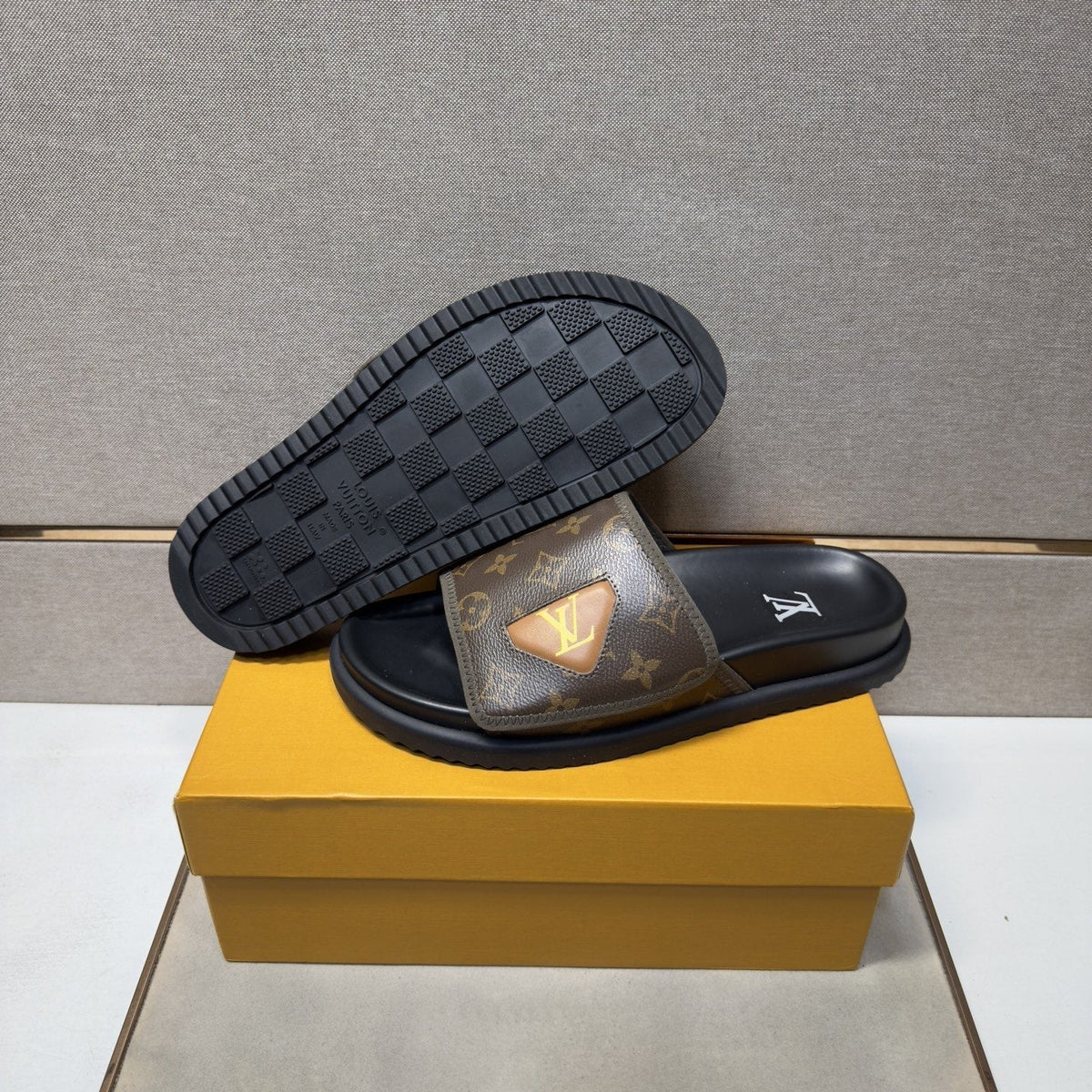 Louis Vuitton Monogram Emblem Slide Sandals — side