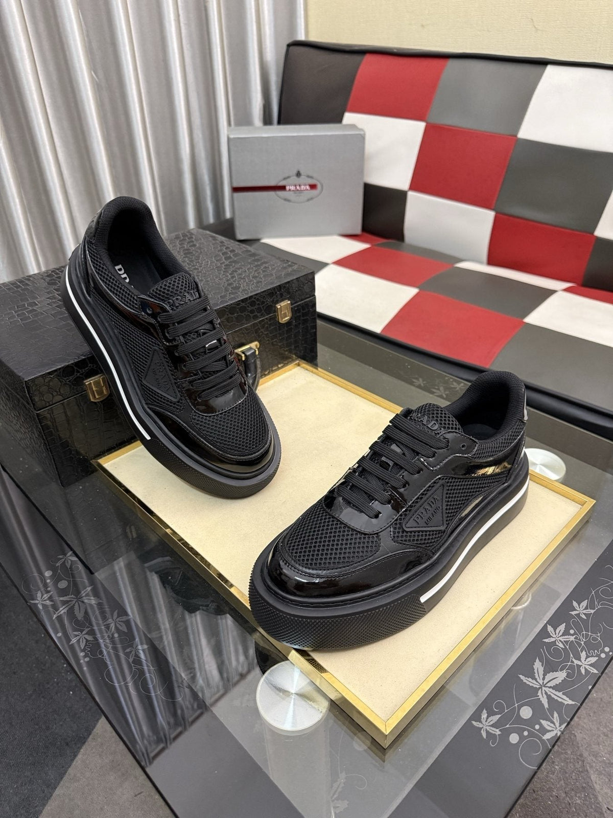 Prada White and Light Gray Low-Top Sneakers — front