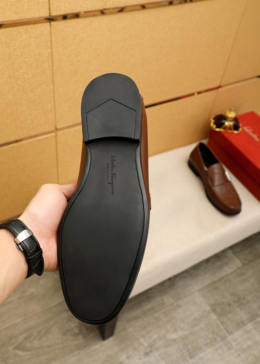 Ferragamo Textured Metal Bit Leather Loafers — detail