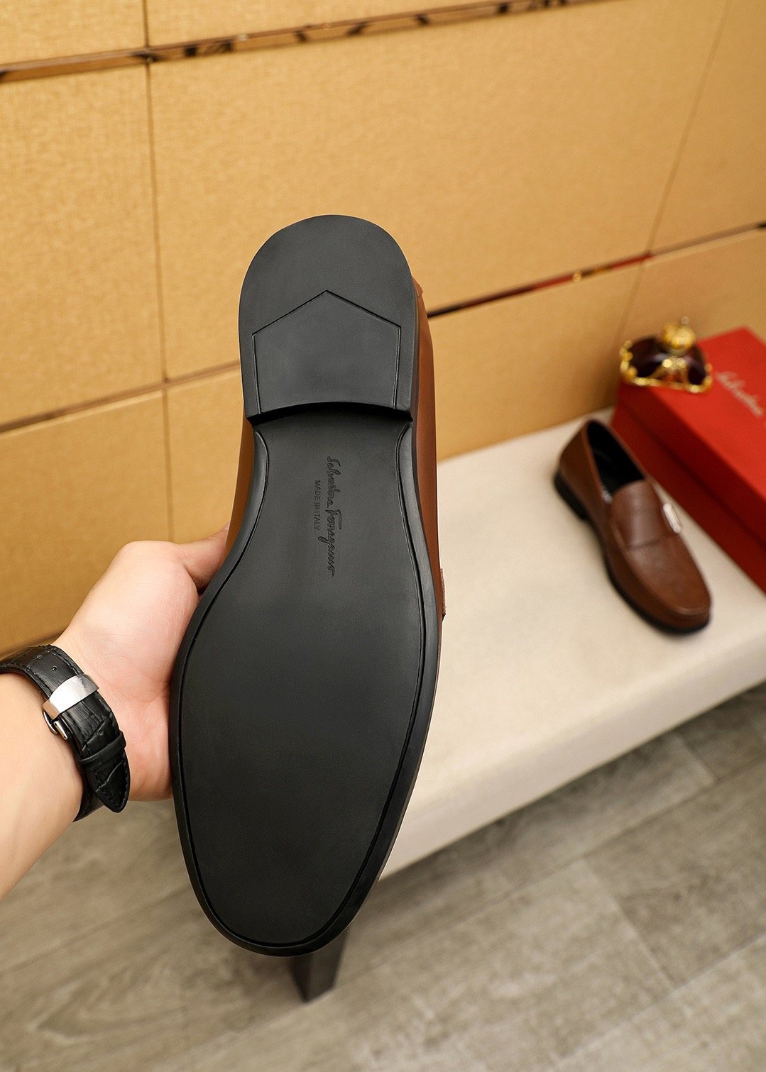 Ferragamo Textured Metal Bit Leather Loafers — detail