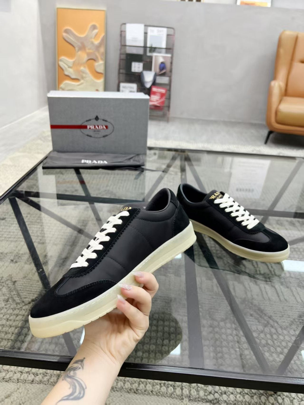 Prada Men's Low-Top Leather Sneakers — side